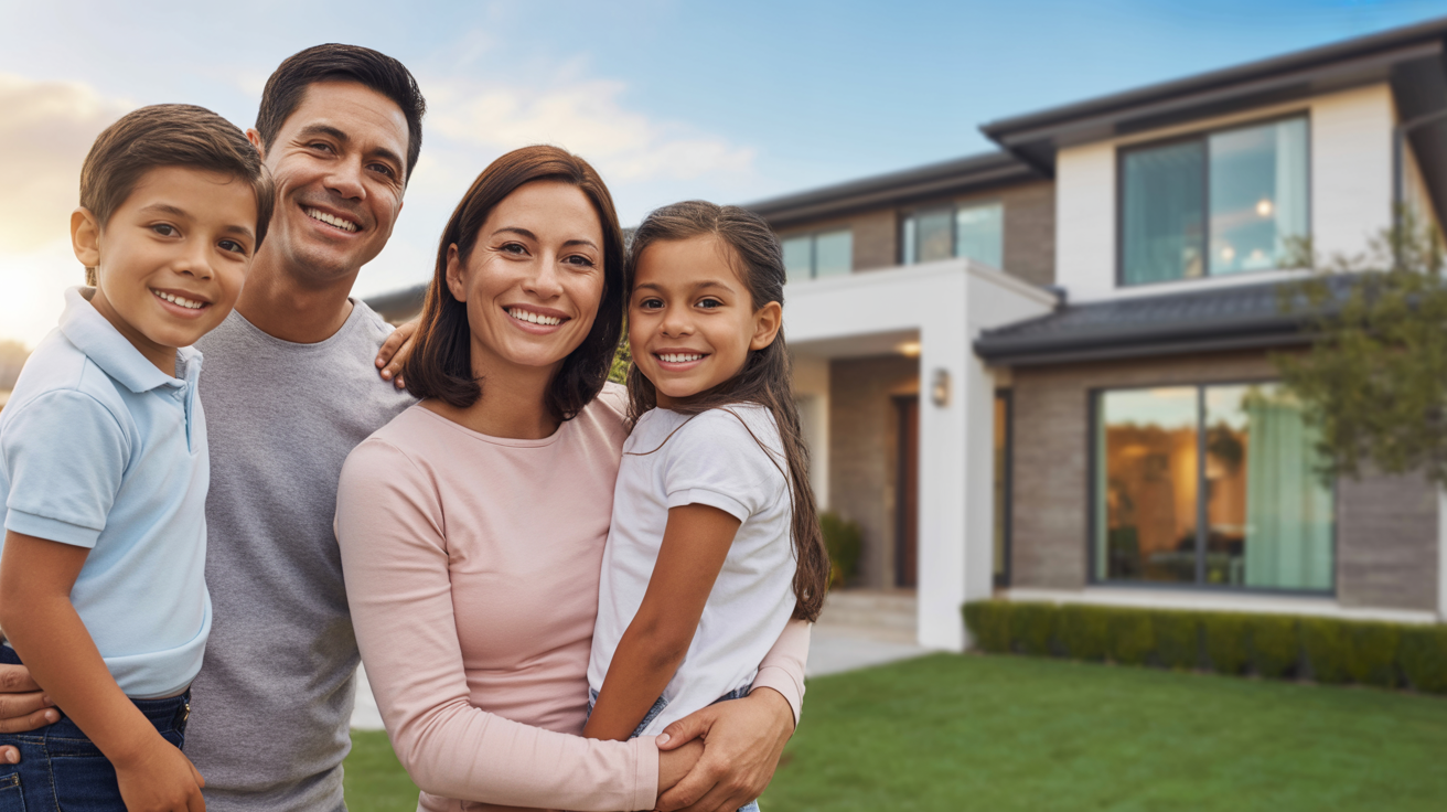 Familia feliz frente a su casa